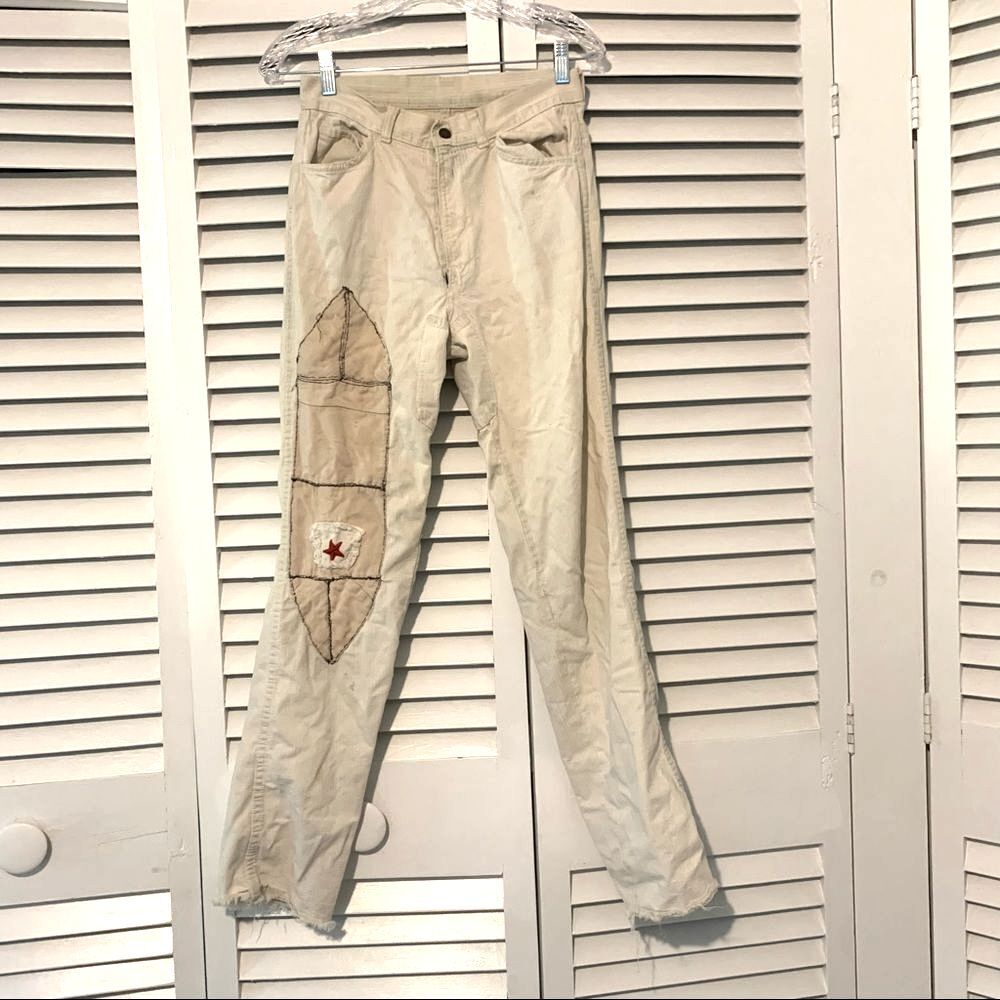 Vintage Levi’s Thrashed Western Patched Raw Hem Cream Neutral No Pocket Jeans
